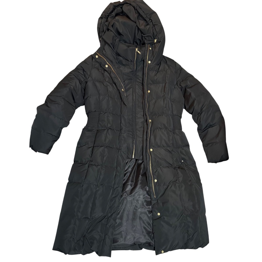 Cole Haan Puffer Coat Womens Large Black Excellent Hooded Bib 356SD700